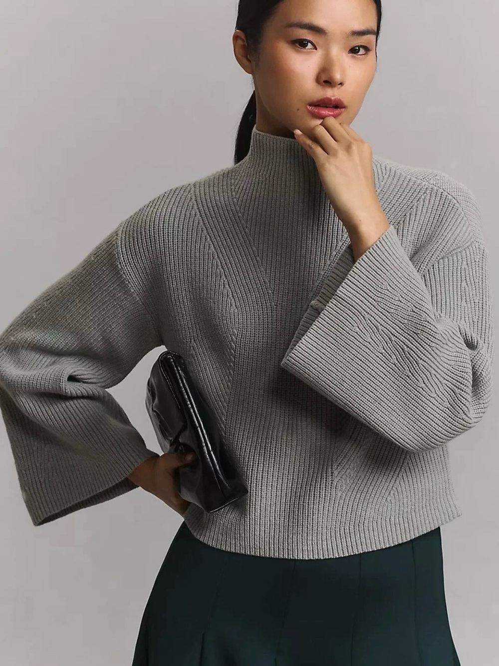 Anthropologie Maeve The Katey Mock-Neck Bell-Sleeve Sweater in Taupe